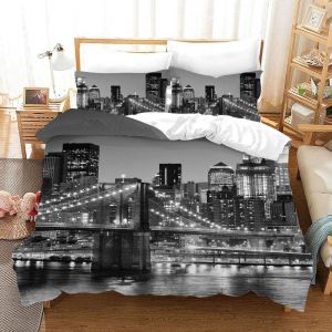 Housse De Couettes Parure De Lit Personnes New York Pont De Brooklyn Xcm Noir Et Blanc Ville Paysage Pi&iquest;&iquest;Ces Microfibre Housse De Couette A - Neuf