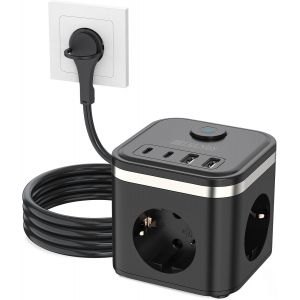 Bloc multiprise cube avec USB, bloc multiprise USB C, chargeur USB C, 3 prises avec interrupteur, chargeur portable PD pour MacBook, iPad, iPhone 16/15, Galaxy S25 Ultra, maison, bureau - Neuf