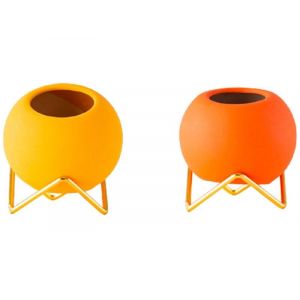 Pots De Fleurs En C&eacute;ramique En Forme De Boule Avec Support En M&eacute;tal - Jaune Et Orange - Lot De 2 - Neuf