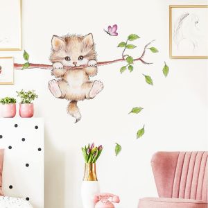 Trahoo-Stickers Muraux Enfants Chat Mignon (77x55 Cm) I Autocollant Mural Chambre Bébé Animaux Forêt Arbre Branche Fleurs I Déco Murale Chambre Enfant Fille Garçon Meuble Crèche Fenêtre - Neuf