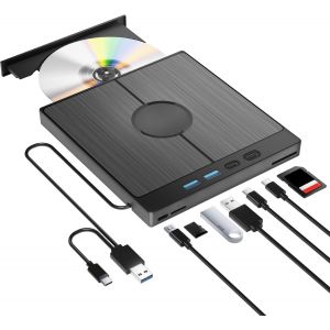 External CD DVD Player for PC,USB 3.0 Type-C CD/DVD +/-RW External DVD Player with 4 USB Ports and SD/TF Slot,Slim Fast Transmission Integrated USB Cable for Windows 11-7/XP Vista Linux Mac OS - Neuf