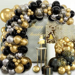 KALANKA-Arche Ballon Anniversaire Noir Or Argent, 102pcs Kit Guirlande Ballon Noir Or Argent avec Ballon Confetti Doré, Décoration Anniversaire Noir Doré Argent pour Fête Retraite Nouvel An Diplôme M - Neuf