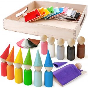 Little Ankle Dolls with Hats and Beds Montessori Games 3 Years + Waldorf Doll Wooden Toy for Learning Color Sorting &iquest; 12 Peg Dolls - Neuf