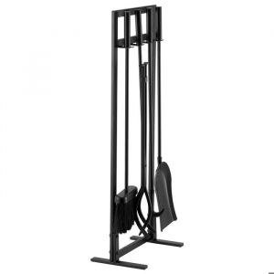 Ensemble d'Accessoires pour Chemin&eacute;e-Duoku-5 Pi&egrave;ces-Comprenant un Support Carr&eacute;-Pince-Pelle &agrave; Cendres-Brosse et Tisonnier-Noire - Neuf