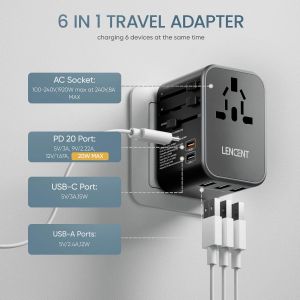TIANYI-Adaptateur de Voyage Universel Chargeur International avec 3 Ports USB et 2 Charge Rapide Type C Chargeur Mural Mondial Tout-en-Un pour iPhone Samsung Tablette Type A/C/G/I USA/UK/EU/AUS - Neuf