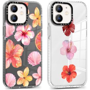 2 Pi&egrave;ces Coque pour iPhone 12 Mini 5,4'', &Eacute;tui de Protection avec Aesthetic Design Fleur Hibiscus Motif, TPU Transparente Femme Fille Housse Etui Bumper Cover pour iPhone 12 Mini, Fleur - Neuf
