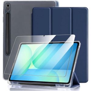 Coque + Verre Tremp&eacute; Pour Samsung Galaxy Tab S9 (11 Pouces) Avec Porte-Stylet, Protection Antichoc - Bleu Marine - Neuf