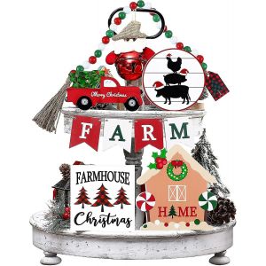 9 pi&egrave;ces No&euml;l Plateau Superpos&eacute; D&eacute;coration Hiver En Bois Table Dessus Logo Ferme de No&euml;l - Neuf