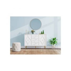 Buffet &Eacute;l&eacute;gant &Agrave; Motif Diamant &iquest; Buffet Blanc Avec 3 Tiroirs Et 2 Portes, Pieds Dor&eacute;s - Neuf