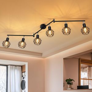 Plafonnier Spots, 6 Spots De Plafond Led Int&eacute;rieurs Base E14, Spots De Plafond 40w, Rampe Spot Applique, Pivotant Led Plafonnier Pour Cuisine Chambre Salon, Noir (Sans Ampoule) - Neuf