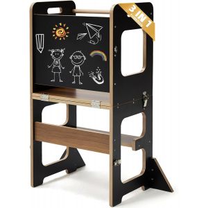 Ulteronixshop-Tour d'apprentissage pour Enfants, Montessori Learning Tower avec Tableau Noir, 3 en 1 Pliable Multifonctionnelle Tour d Observation, Tour d'apprentissage &agrave; partir de 1 an-Noir - Neuf