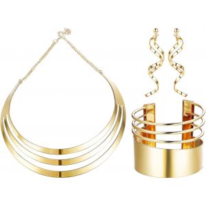 3 Pas Ensemble Colliers Cou Bavoir Or Pour Femmes Bracelets Manchette Larges Bracelets Déclaration Boucles D'oreilles Brassard Supérieur Manchette Poignet Bijoux Festival.[Y1109] - Neuf