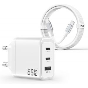 Chargeur Usb C 65W, Charge Rapide 3-Ports Pd3.0 & Qc3.0, Gan Ii Avec Câble Tressé 2M, Compatible Pour Macbook Pro/Air, Pour Samsung Galaxy S25/S24/S23/S22 Ultra, Pour Iphone 17/16/15, Etc - Neuf