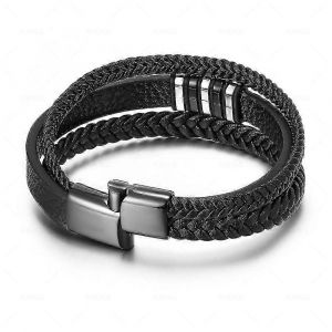 Bracelet En Cuir Noir Pour Homme, Bracelet Large En Cuir, Bracelet Enroul&eacute; Avec Fermoir Magn&eacute;tique - Neuf
