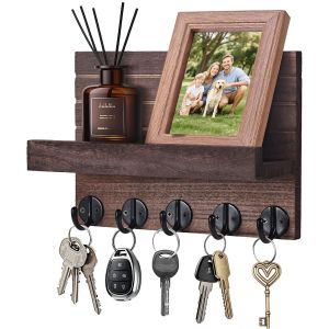 Cauc-Porte Clef Mural, Porte-Cl&eacute;s Mural En Bois, Porte Courrier Mural, Avec 5 Crochets &Agrave; Cl&eacute;s, Pour Salon, Salle De Bain, Cuisine, Les Entr&eacute;es, Couloirs (Brun) - Neuf