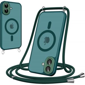 Maa-Coque Magnétique Pour Iphone 16 Plus Avec Cordon, [Compatible Avec Magsafe] Etui Translucide Mat Arrière Anti-Jaunissement Antichoc Réglable Portable Lanyard Case Protection, Vert - Neuf