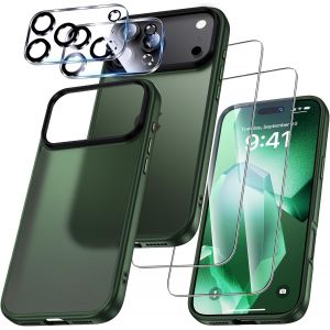 Kwey-Pour Iphone 17 Pro Coque - 5 En 1 Kit Case Protection Pour Iphone 17 Pro,1 Cover & 2 Verre Tremp&eacute; & 2 Cam&eacute;ra Arri&egrave;re Protecteur - Vert - Neuf