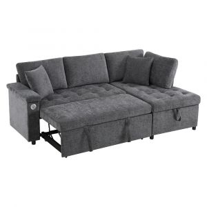 Canapé L convertible avec rangement/USB/2 coussins - gris - Neuf
