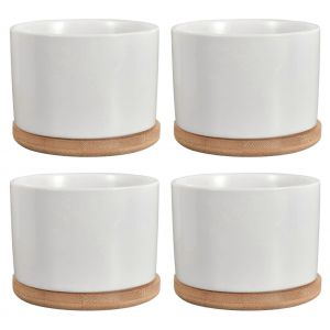 Pots De Fleurs En Ceramique De 9 Cm Avec Soucoupe En Bois Pour Plantes Succulentes Et Plantes D'interieur, Lot De 4, Blanc Ref. : 9496 - Neuf