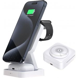 Chargeur Induction Stand 3 en 1 Pliable Chargeur sans Fil pour Appareils Multiples, Chargeur de Voyage pour iPhone 15/14/13/12, Station d'accueil &agrave; Charge Rapide pour Ecouteurs sans Fil/Watch (Blanc) - Neuf