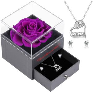 Véritable Rose Préservée Avec Collier Et Boucles D'oreilles « Beste Mama Der Welt » - Rose Éternelle - Cadeau Pour Maman, Noël, Fête Des Mères, Saint-Valentin, Anniversaire - Violet - Neuf