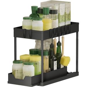 Asfasfq-Organisateur Sous Evier Cuisine Rangement Sous Evier 2 Étages, Rangement Et Organisation De Cuisine, Étagère Rangement Pour Cuisine Salle De Bain Avec 4 Crochet (Noir) - Neuf