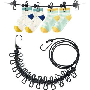 Lot de 2 étendoirs à linge, portables, élastiques, réglables, rétractables, pour camping en plein air, avec 12 clips et boucles de positionnement, pour voyage en plein air, camping en intérieur - Neuf