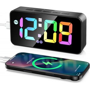 KAL-Réveil Numérique, Réveil Led Lumineux Avec 2 Alarmes Et Snooze, Horloge Digitale Affichage De Température, Luminosité Réglable, 12/24H Rvb Affichage, Commande Vocale, Port Usb Reveil - Neuf