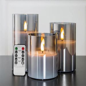 Bougies scintillantes sans flamme en verre gris argenté avec télécommande,paquet de 3 fausses bougies LED réalistes « H 4 » 5 » 6 » - Neuf