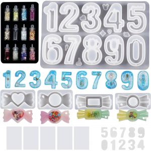 Kalanka-5 Pcs R&eacute;sine Shaker Moules, Moules En Silicone Shaker De Forme Des Bonbons Et Des Chiffres Moules En R&eacute;sine Quicksand Avec Pvc Feuille Et Paillette Pour Bijoux Collier Diy-Kalanka - Neuf