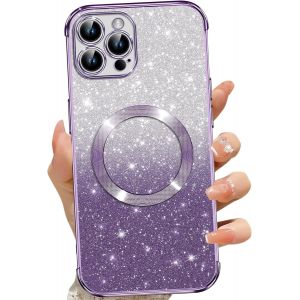 SJZG-Coque Magn&eacute;tique Pour Iphone 12 Pro Max, Etui &Agrave; Paillettes Compatible Avec Magsafe, Antichoc Charge Sans Fil Housse Pour Iphone 12 Pro Max, Avec 2 Verre Tremp&eacute;, Pourpre - Neuf