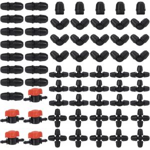 Lot de 65 Raccords d'Irrigation Goutte &agrave; Goutte 1/4"", Connecteurs 4 Voies, Raccords &agrave; Th&eacute;, Coudes 90&deg;, Embouts, Valves - Syst&egrave;me pour Jardin, Pelouse - Neuf