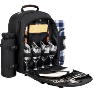 Ulteronixshop-Sac &agrave; dos de pique-nique pour 4 personnes avec couverture et panier de pique-nique pour 2 personnes avec pochette isotherme pour vin pour famille et couples (noir) - Neuf
