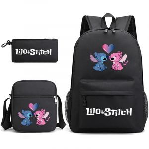 Sac en toile dessin animé Stitch, cartable pour garçons et filles, sac de rangement grande capacité, sac à dos Stitch trois pièces (sac à dos, trousse et besace),Noir - Neuf
