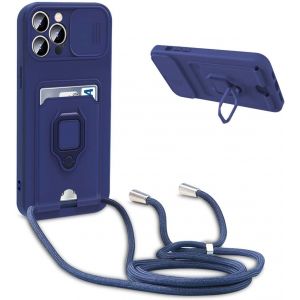 Ayu-Coque Avec Cordon Pour Iphone 14 Pro Max,Collier Pour Étui Colliers De Cellulaire Réglable Corde Silicone Souple Case,Protection De La Caméra,Support,Porte Cartes - Bleu - Neuf