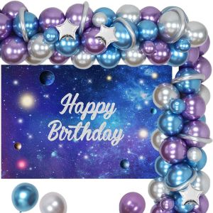 KALANKA-Décorations de Fête d'Anniversaire sur le Thème de l'Espace Extérieur pour Garçons et Filles avec Toile de Fond Happy Birthday, Lune étoile Galaxie Ballons en Aluminium - Neuf