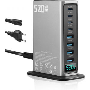 SJZG-Chargeur Usb C 520W, 8 Ports Multiple Gan Chargeur Secteur Avec 4 U-Sb-C Et 4 U-Sb-A, Char-Geu-Rapide Station Adaptateur Compatible Avec Macbook Pro/Air Laptop, Iphonne, Ipad Pro, Galaxxy - Neuf