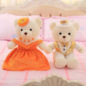 Mignon Couple Robe De Mariée Ours En Peluche Peluche Poupée Lit De Mariage Poupée Cadeau De Mariage Chemise Blanche Avec Jupe Orange - 80 Cm - Neuf