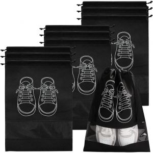 Sac à chaussures de voyage, imperméable et anti-poussière, en polaire, avec fenêtre transparente et cordon de serrage (32 x 44 cm), lot de 10 pièces, noir - Neuf