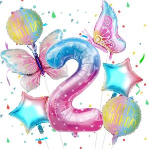 7-Piece Star Gradient Birthday Balloon With Large Foil Number 2, 40 Inch Balloons, 2 Year Decoration Birthday Balloon With Helium - Neuf