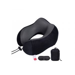Ensemble d'oreillers de voyage en forme de U avec masque pour les yeux et bouchons d'oreilles - Oreiller de voyage en mousse &agrave; m&eacute;moire de forme, noir - Neuf