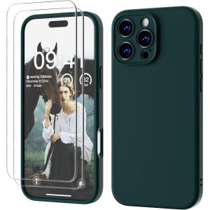 3 en 1 iPhone 16 Pro Max Coque Silicone Liquide 6.9"" avec 2 Verre Tremp&eacute;, &Eacute;tui Protection Pr&eacute;cise de Cam&eacute;ra [R&eacute;sistant aux Rayures] Antid&eacute;rapant iPhone 16 Pro Max Case, Vert Fonc&eacute; - Neuf