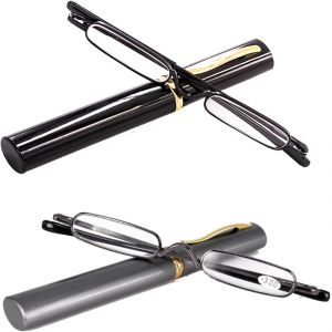 2 Pair Mini Compact Reading Glasses for Men Women - Superlight Metal Pocket Readers with Portable Pen Cases - Neuf