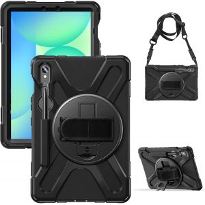 Coque Antichoc Pour Samsung Galaxy Tab S10 Lite 10.9 Pouces/Tab S10 Fe 2025/Tab S9 Fe/S9 2023 11"", Étui Armure Robuste Avec Support Rotatif À 360°, Dragonne Et Bandoulière, Porte-Stylet, Noir - Neuf