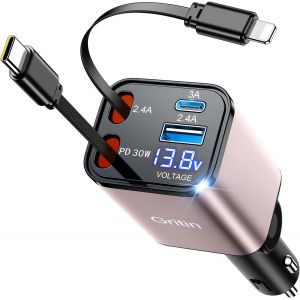 TRAHOO-4 en 1 R&eacute;tractable Chargeur Allume Cigare Voiture USB C 69W, PD 3.0 Charge Rapide Chargeur Voiture avec USB-C/USB-A, Prise Ajustable, Voyage Car Accesoire pour iPhone/Galaxy/Android,Rose - Neuf