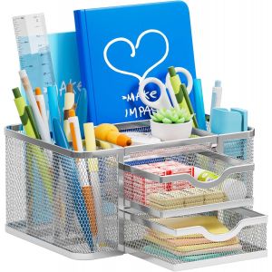 Organisateur de Bureau Métal,Organisateur de Stylos Avec 2 Tiroirs, Desk Organizer Avec 5 Compartiments et Accessoires Pour Articles de Bureau à Domicile(Argent) - Neuf