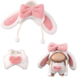 KALANKA-Ensemble Vêtements Poupée, Tenue Lapin Duveteux Poupées 17cm Debout & 15cm Assise avec Salopette Rose Peluche Forme C?ur Capuche Longues Oreilles pour Remplacement Vêtements - Neuf