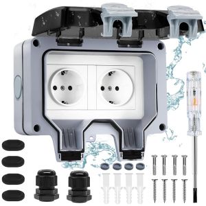 Prise Exterieure Etanche avec Indicateur de Commutation, Prise Etanche IP66, Prise de Jardin Etanche avec Couvercle Rabattable Verrouillable pour les Pi&egrave;ces Humides (2 pi&egrave;ces) - Neuf