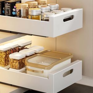 Sjzg-Tiroir Coulissant Cuisine 25cm, Tiroir Coulissant Placard En Acier Au Carbone Blanc, Tiroir Coulissant Cuisine Adhesif Télescopique, Sans Perçage Tiroirs Coulissants Rangement Cuisine - Neuf