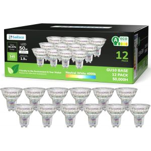 Classe A Ampoule Gu10 Led Spot Blanc,1.9w &Eacute;quivalent 50w,345lm 4000k Ampoule Led Gu10 Blanc Neutre,36&deg; Angle Du Faisceau,Non-Dimmable,Verre,Lot De 12 - Neuf